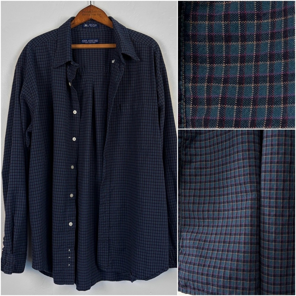 John Ashford Mens XL Blue Plaid Shirt Heavyweight Cotton Button Down Vtg 90s Dad